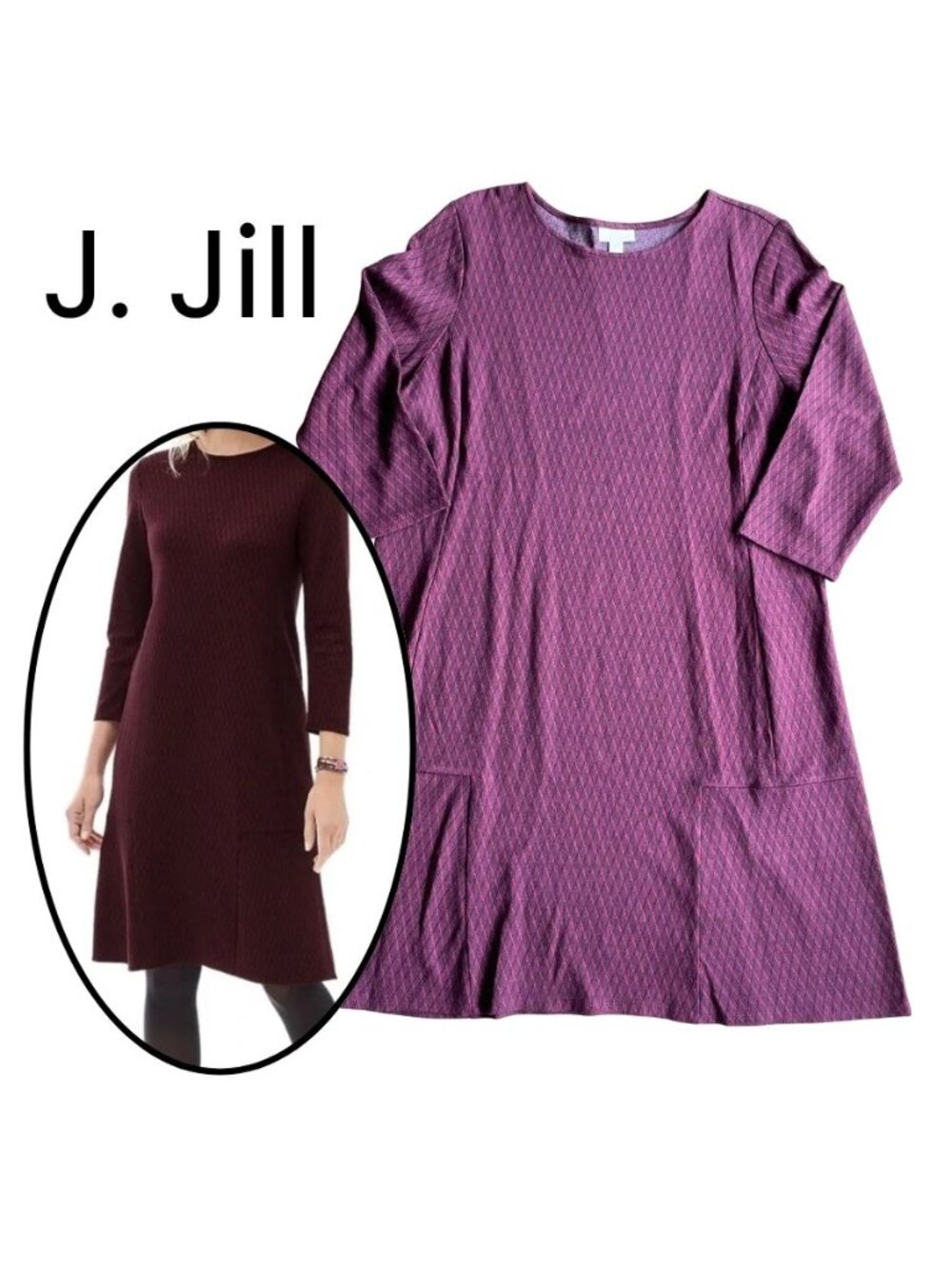 J. Jill Ponte Burgundy 3/4 Sleeve Thick Knit Dress - Size Large